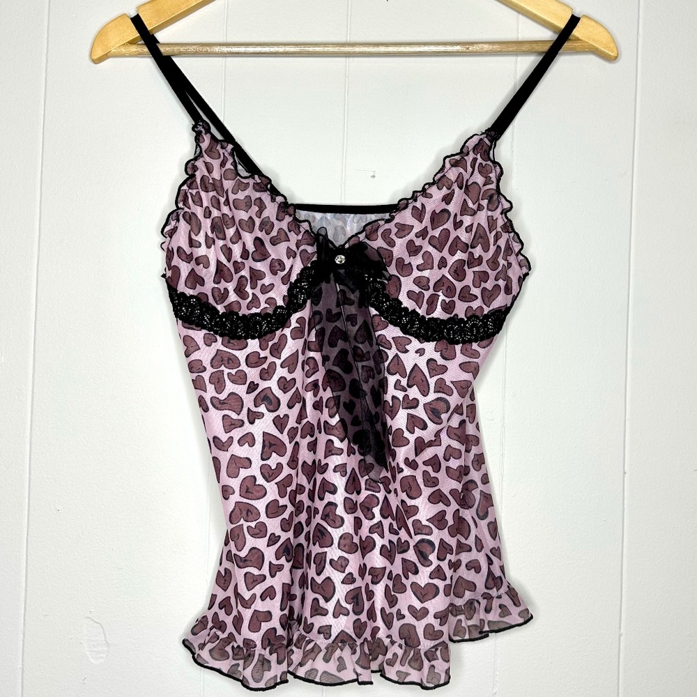 Y2K Cami with hearts pink and black, Women’s size M, lace trim mesh camisole top